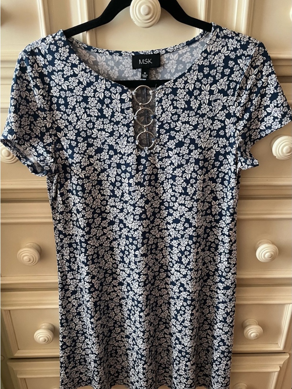 MSK Navy and White Floral Short Sleeve Tee with Triple Ring Detail